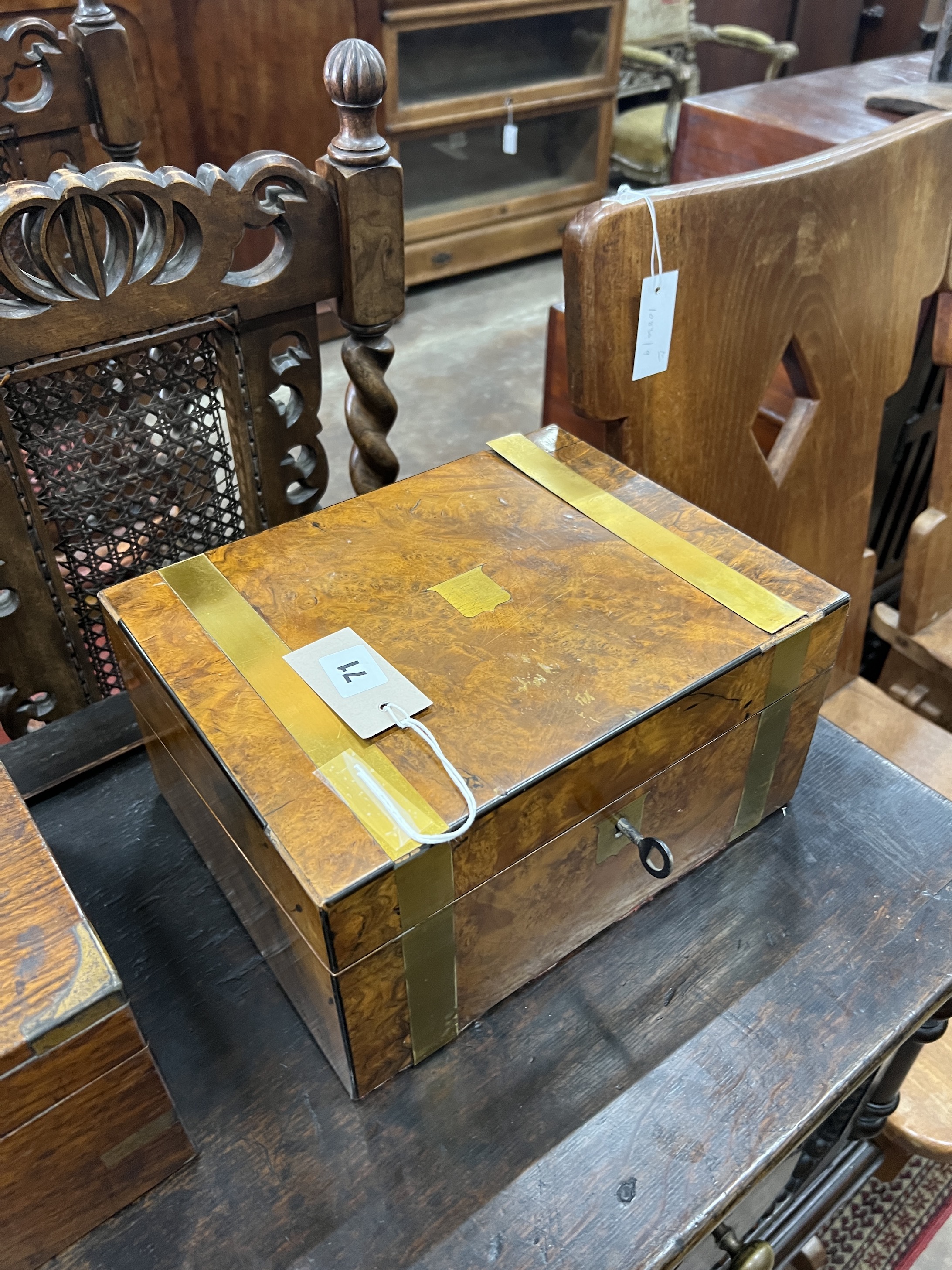 A Victorian brass mounted walnut writing slope, width 30cm and a smaller brass mounted box